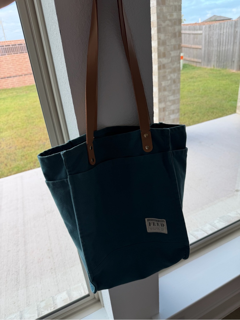 Canvas Tote Bag with Brown Leather Straps - Teal
